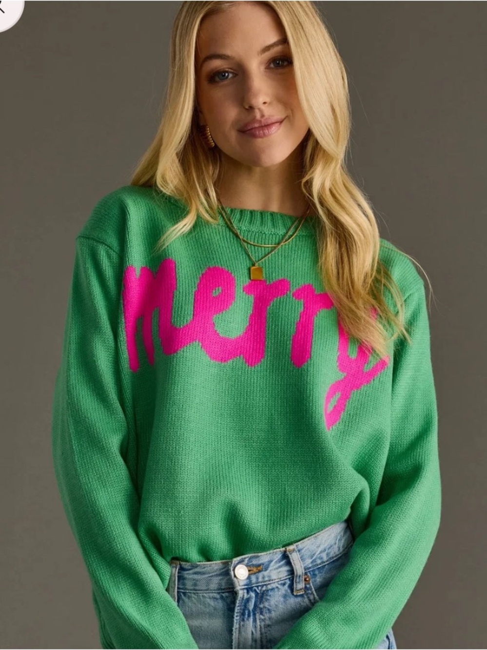 Merry Graphic Green Sweater with Pink Script! Panache apparel! New! L